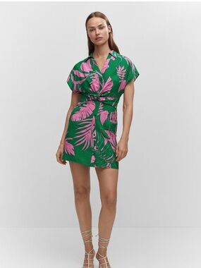 Green & Pink Tropical Print Mini Dress